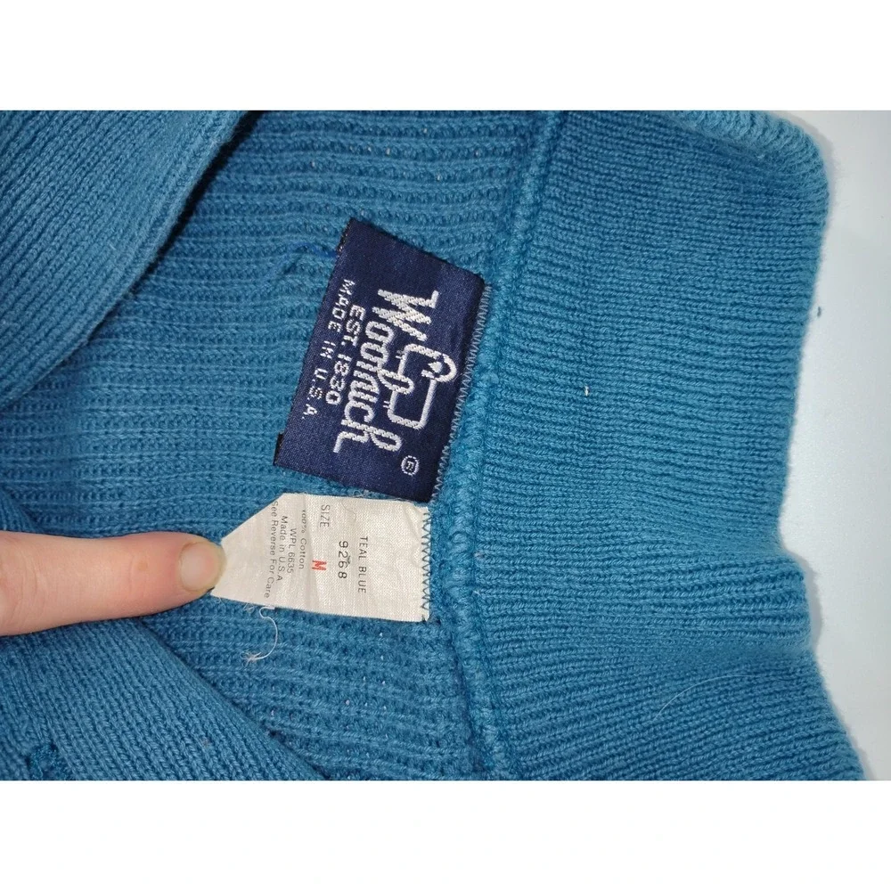 Woolrich Sweater Teal Blue Cotton Blend 90s Shawl Collar Pullover Made In USA